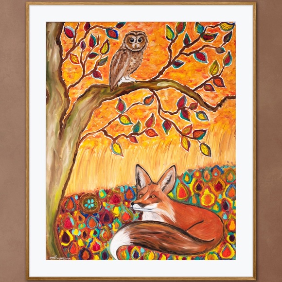 Fine Art by Aren Dummer Other - Fox Owl Autumn Ambience Art Print Oil Painting fall leaves tree animal whimsical